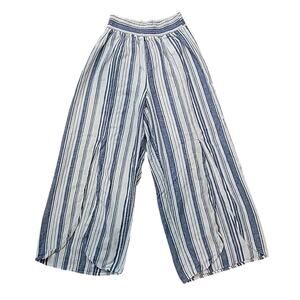 Beachy Resort Wear Linen Blend Coastal Wide Leg Pants L Blue Stripe Cropped